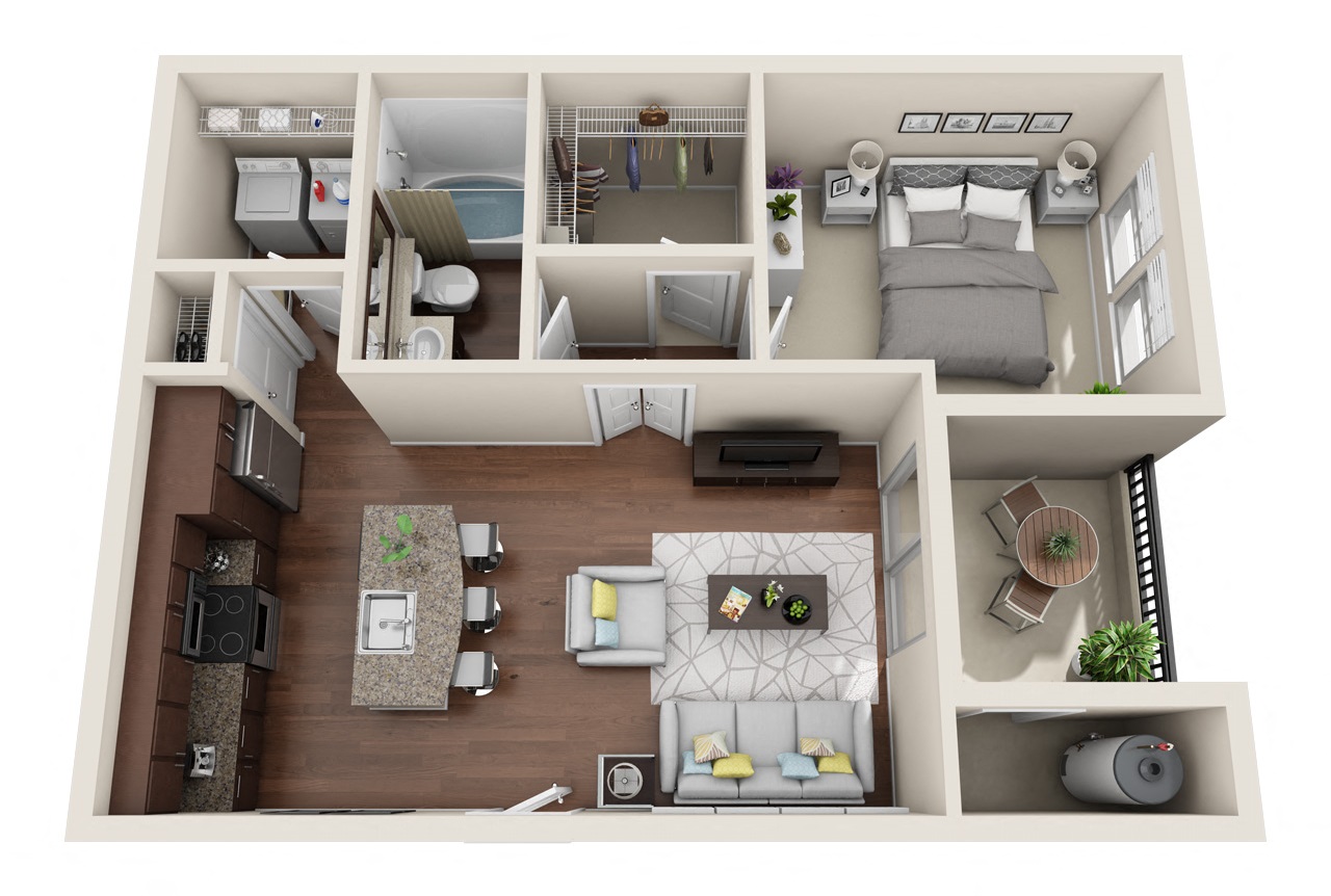 Floor plan for 1 bed, 1 bath, 729 sqft